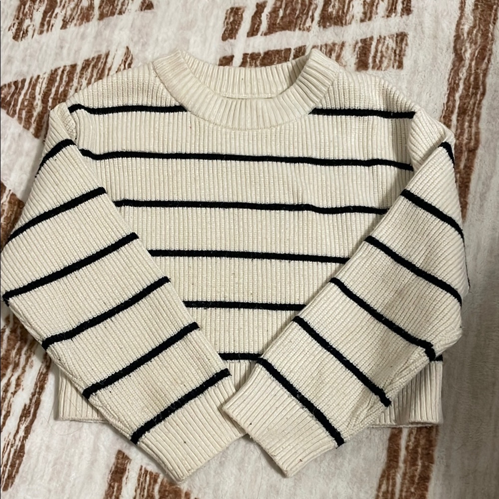 Zara Cream and Black Striped girls Crew Neck Sweater